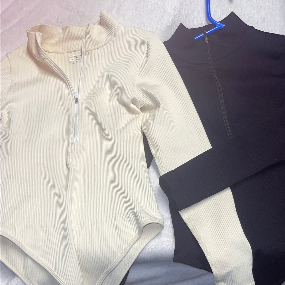 Cream and Black Ribbed Zip-Up Bodysuits